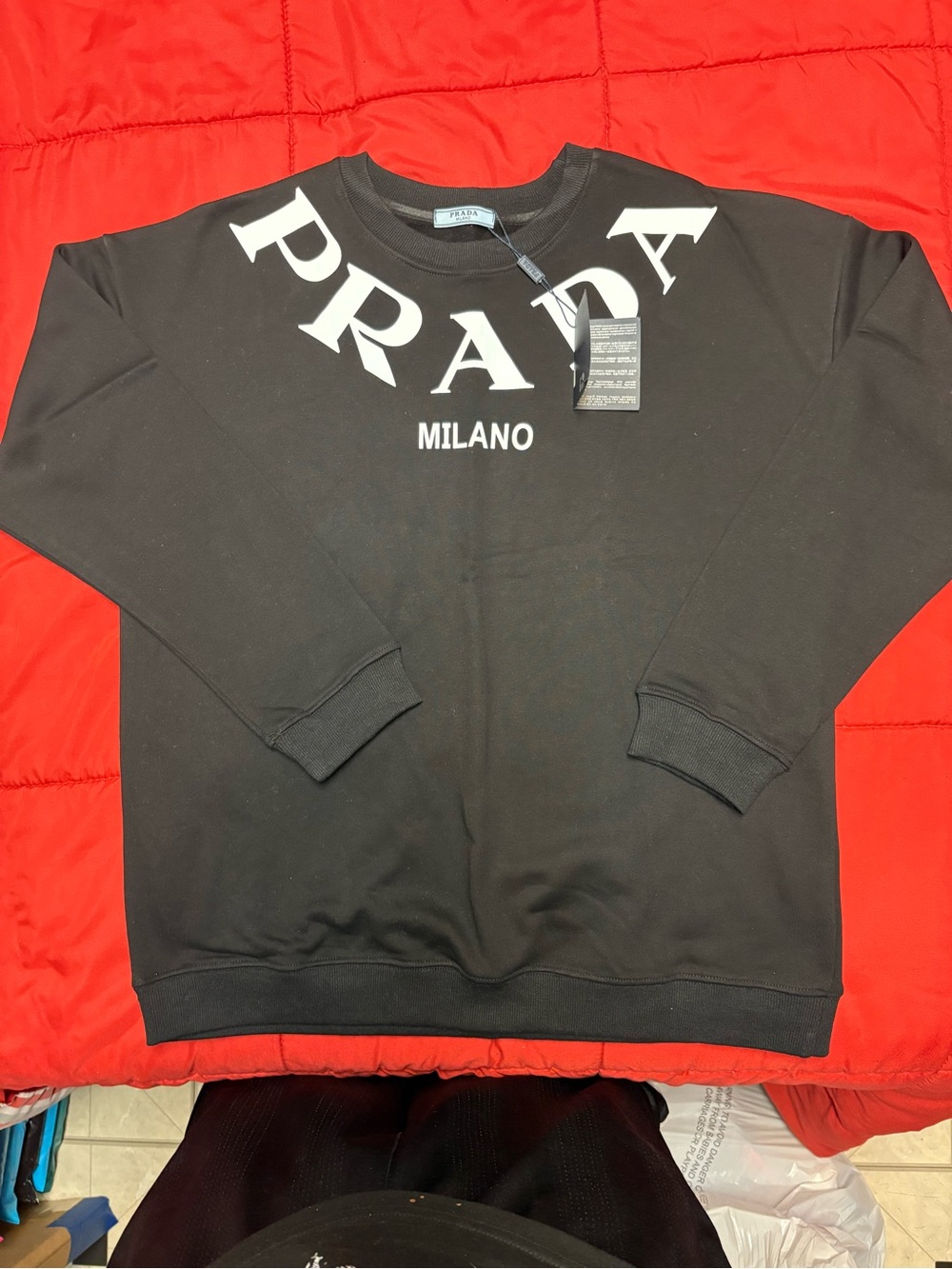 Prada Black Crewneck Sweatshirt with White PRADA Milano Print